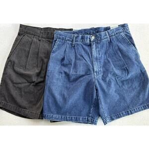 St Johns Bay Shorts Mens 36 Blue Black Denim Pleated   2 Pair Casual Relaxed Fit